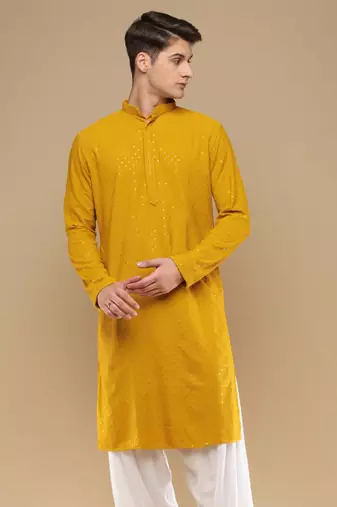 Dapper & dazzling men's solid mustard chikankari with sequins party wear cotton kurta by sanwara