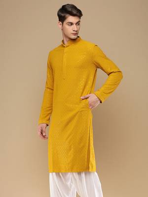 Dapper & dazzling men's solid mustard chikankari with sequins party wear cotton kurta by sanwara 3