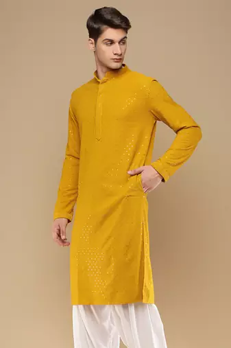 Dapper & dazzling men's solid mustard chikankari with sequins party wear cotton kurta by sanwara