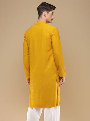 Dapper & dazzling men's solid mustard chikankari with sequins party wear cotton kurta by sanwara 4