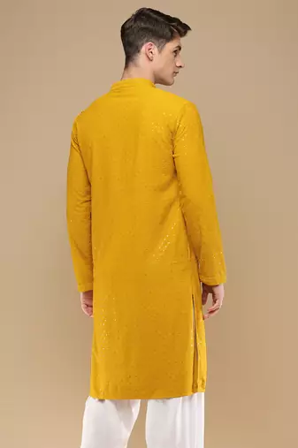 Dapper & dazzling men's solid mustard chikankari with sequins party wear cotton kurta by sanwara