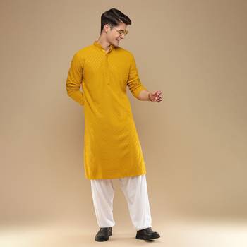 Dapper & dazzling men's solid mustard chikankari with sequins party wear cotton kurta by sanwara 5