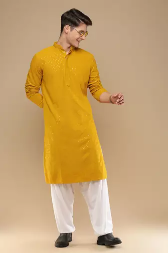 Dapper & dazzling men's solid mustard chikankari with sequins party wear cotton kurta by sanwara