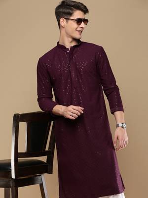 Dapper & dazzling men's solid purple chikankari with sequins party wear cotton kurta by sanwara 1