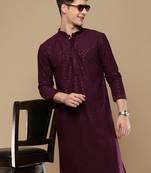 Dapper & dazzling men's solid purple chikankari with sequins party wear cotton kurta by sanwara