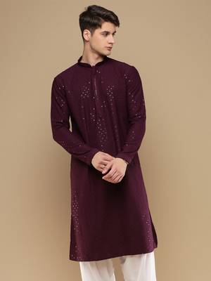 Dapper & dazzling men's solid purple chikankari with sequins party wear cotton kurta by sanwara 2