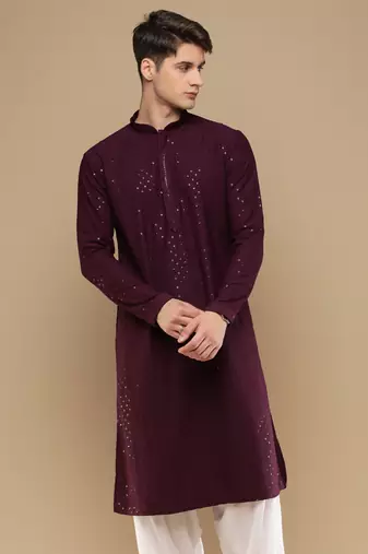 Dapper & dazzling men's solid purple chikankari with sequins party wear cotton kurta by sanwara