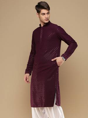 Dapper & dazzling men's solid purple chikankari with sequins party wear cotton kurta by sanwara 3