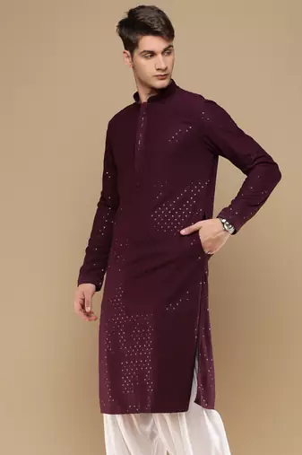 Dapper & dazzling men's solid purple chikankari with sequins party wear cotton kurta by sanwara