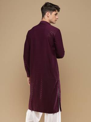 Dapper & dazzling men's solid purple chikankari with sequins party wear cotton kurta by sanwara 4