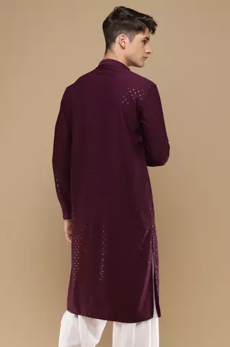 Dapper & dazzling men's solid purple chikankari with sequins party wear cotton kurta by sanwara