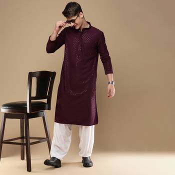 Dapper & dazzling men's solid purple chikankari with sequins party wear cotton kurta by sanwara 5