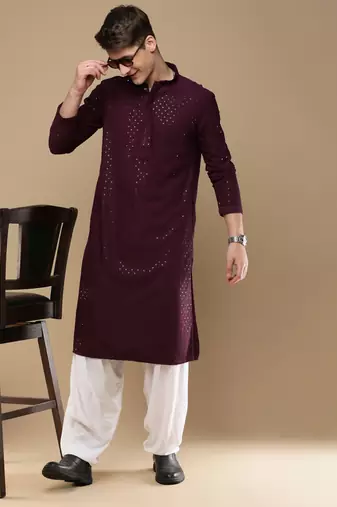 Dapper & dazzling men's solid purple chikankari with sequins party wear cotton kurta by sanwara