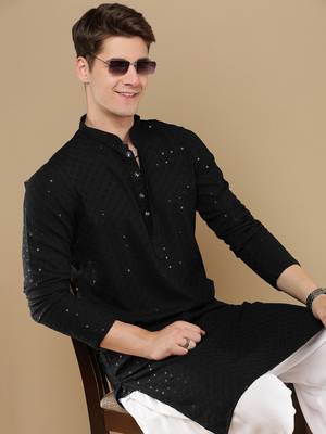 Stylish black chikankari with sequins cotton kurta for men by sanwara 1
