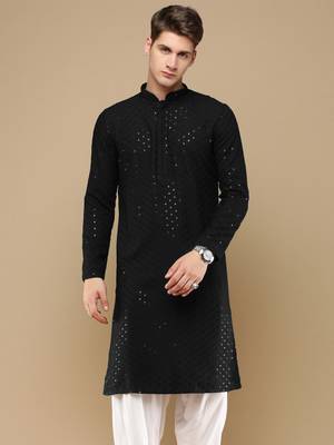 Stylish black chikankari with sequins cotton kurta for men by sanwara 2