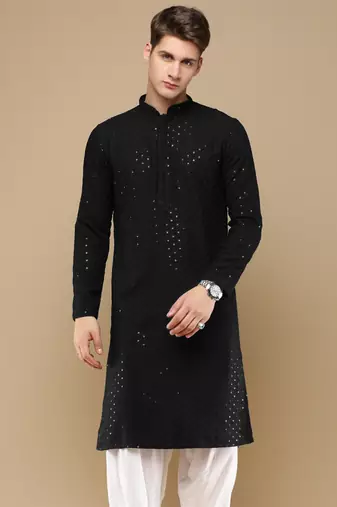 Stylish black chikankari with sequins cotton kurta for men by sanwara