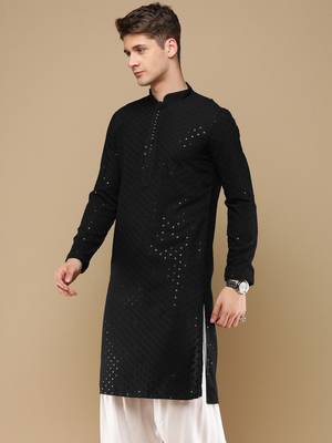 Stylish black chikankari with sequins cotton kurta for men by sanwara 3