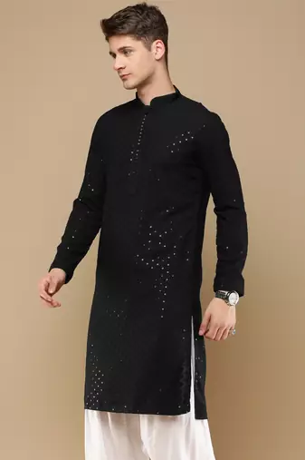 Stylish black chikankari with sequins cotton kurta for men by sanwara