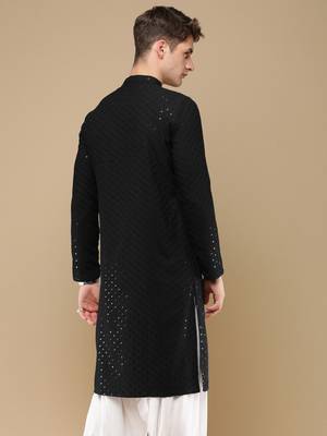 Stylish black chikankari with sequins cotton kurta for men by sanwara 4