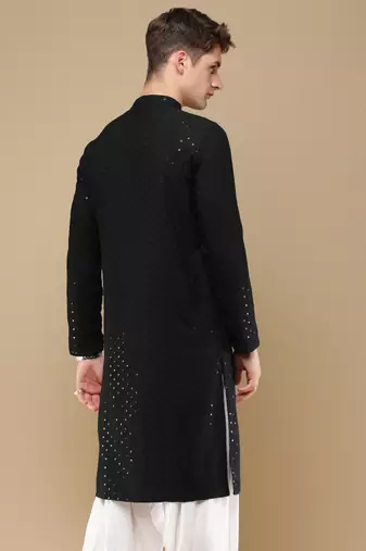 Stylish black chikankari with sequins cotton kurta for men by sanwara