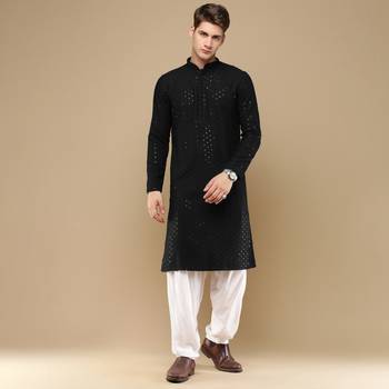 Stylish black chikankari with sequins cotton kurta for men by sanwara 5