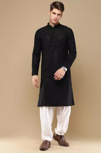 Stylish black chikankari with sequins cotton kurta for men by sanwara