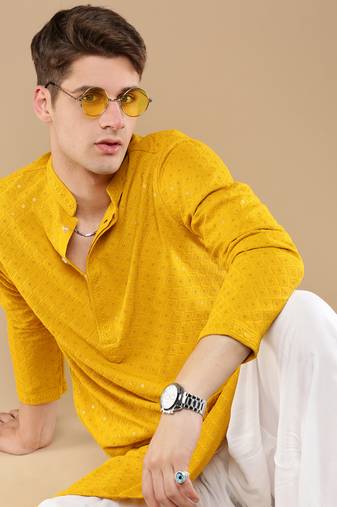 Stylish mustard chikankari with sequins cotton kurta for men by sanwara