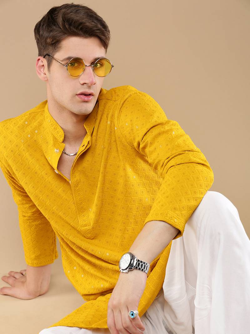 Stylish mustard chikankari with sequins cotton kurta for men by sanwara