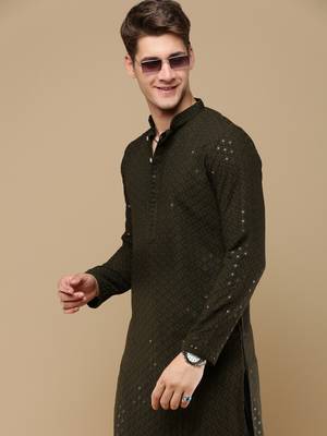 Stylish olive chikankari with sequins cotton kurta for men by sanwara 1