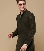 Stylish olive chikankari with sequins cotton kurta for men by sanwara