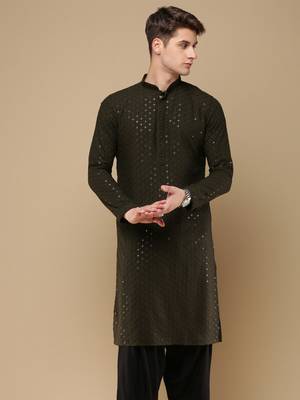 Stylish olive chikankari with sequins cotton kurta for men by sanwara 2