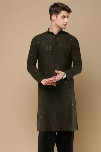 Stylish olive chikankari with sequins cotton kurta for men by sanwara