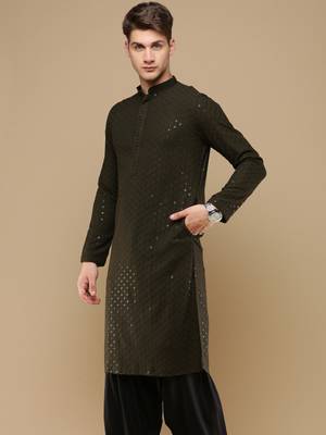 Stylish olive chikankari with sequins cotton kurta for men by sanwara 3