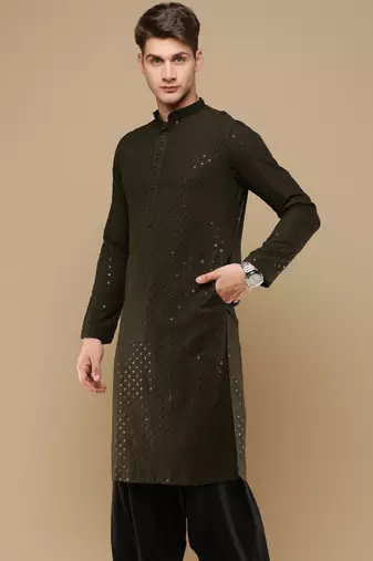 Stylish olive chikankari with sequins cotton kurta for men by sanwara