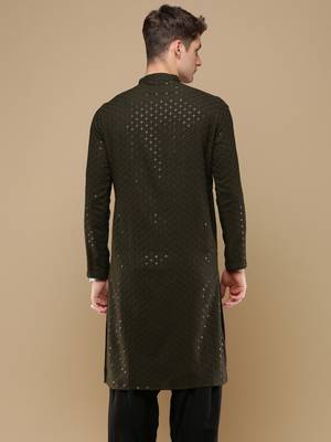 Stylish olive chikankari with sequins cotton kurta for men by sanwara 4