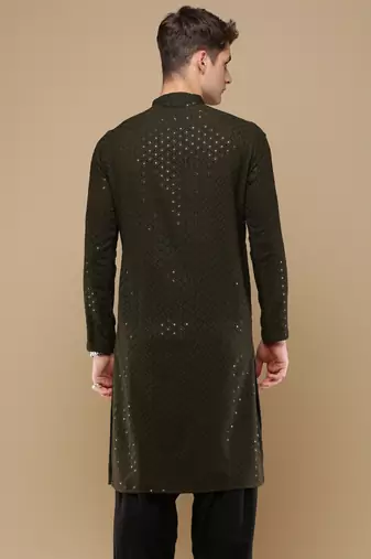 Stylish olive chikankari with sequins cotton kurta for men by sanwara