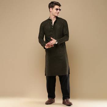 Stylish olive chikankari with sequins cotton kurta for men by sanwara 5