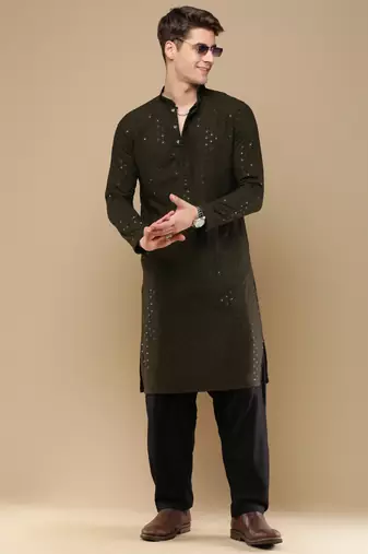 Stylish olive chikankari with sequins cotton kurta for men by sanwara