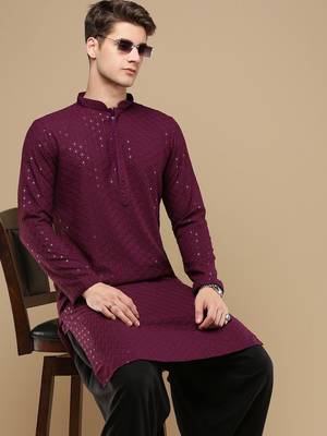 Stylish wine chikankari with sequins cotton kurta for men by sanwara 1
