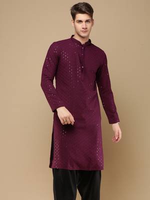 Stylish wine chikankari with sequins cotton kurta for men by sanwara 2