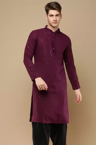 Stylish wine chikankari with sequins cotton kurta for men by sanwara