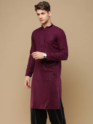Stylish wine chikankari with sequins cotton kurta for men by sanwara 3