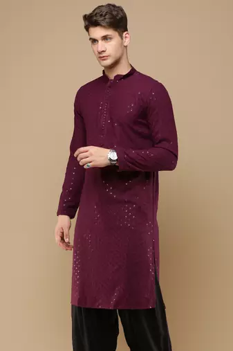 Stylish wine chikankari with sequins cotton kurta for men by sanwara