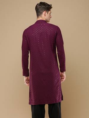 Stylish wine chikankari with sequins cotton kurta for men by sanwara 4