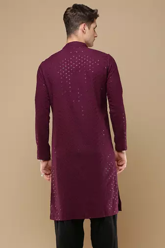 Stylish wine chikankari with sequins cotton kurta for men by sanwara