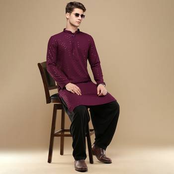 Stylish wine chikankari with sequins cotton kurta for men by sanwara 5