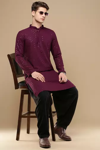 Stylish wine chikankari with sequins cotton kurta for men by sanwara