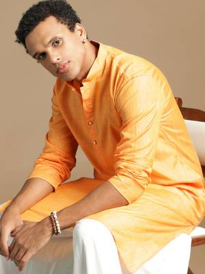 Sanwara men's cotton deep orange color stylish solid casual kurta 1