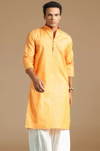 Sanwara men's cotton deep orange color stylish solid casual kurta