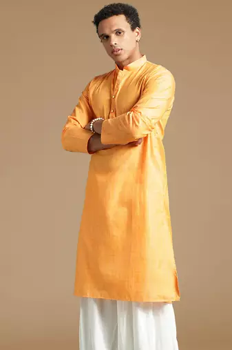 Sanwara men's cotton deep orange color stylish solid casual kurta
